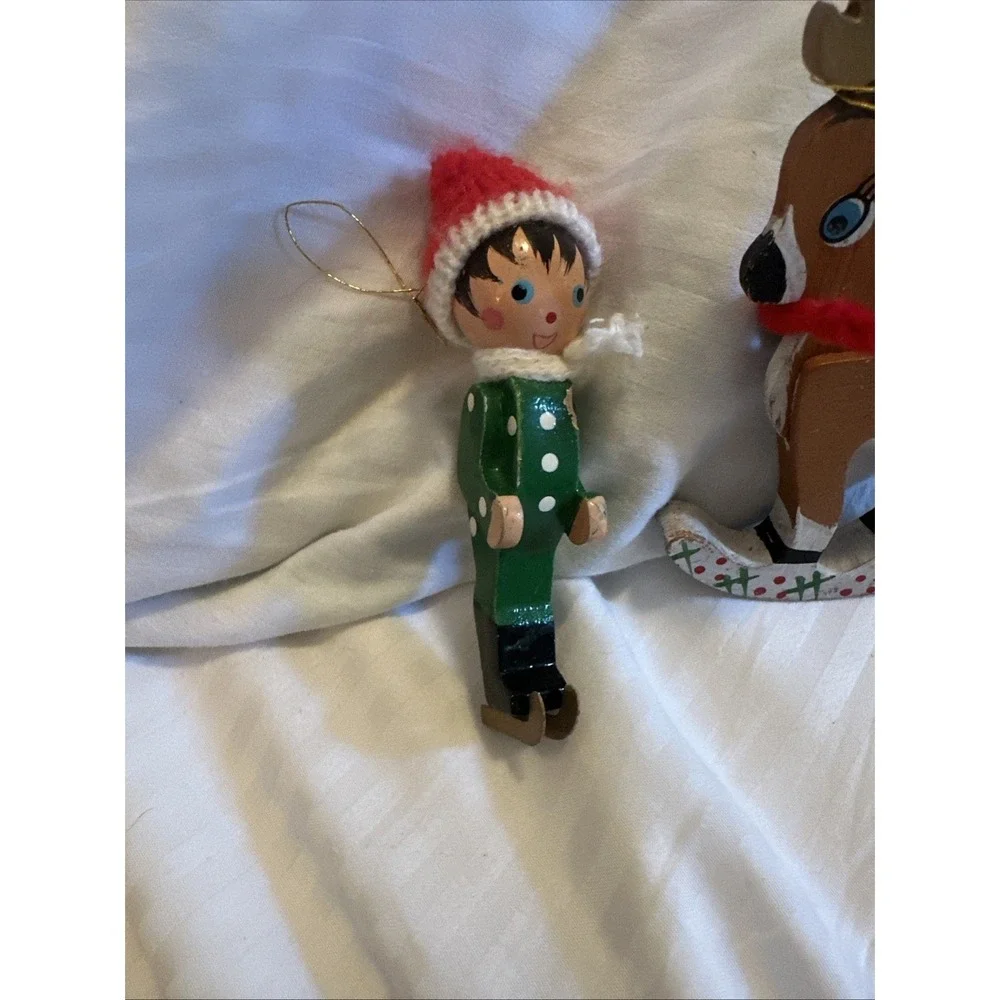 Vintage Kurt Adler Santa's Reindeer Dasher & SkierChristmas Ornament Wooden 1977